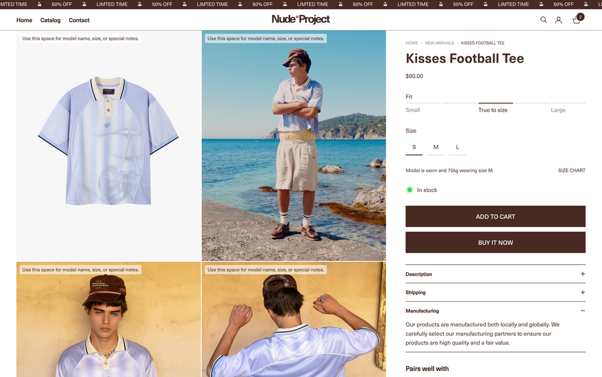 A screenshot of an e-commerce website for 'Nude's Project' showing the 'Kisses Football Tee' product page. The page features a product image on the left, four lifestyle photos of a model wearing the light blue and white striped polo shirt, and product details on the right including size, price, and shipping information.